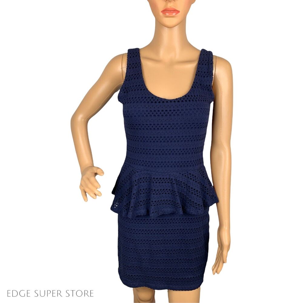 Aqua Dark Navy Blue Peplum Open Back Lace Laser Cut Scoop Neck Dress Size Medium
